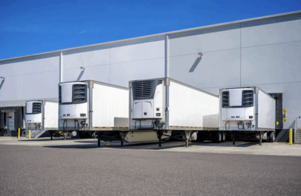 Refrigerated enclosed trailers outside a distribution center